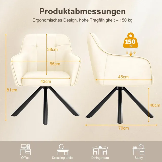 Laura Eetkamerstoel set van 2 – 360° Draaibare Fluwelen Stoelen met Armleuningen, Comfortabele Ergonomische Zitplaatsen 45x43x81 cm – Off-white Luxe Design voor Eetkamer, Keuken, Woonkamer en Kantoor | Laura