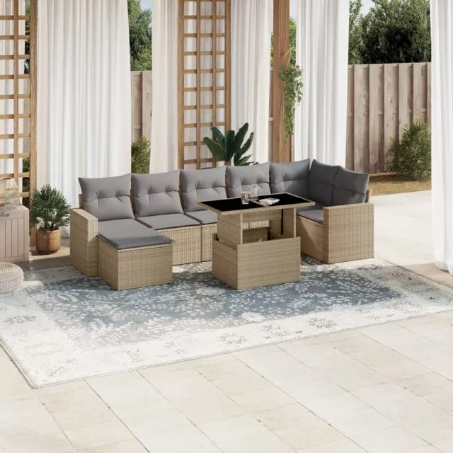 vidaXL 8-delige Loungeset met kussens poly rattan beige, foto 2