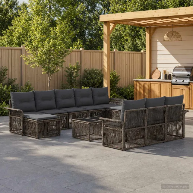 vidaXL Tuinbankenset 11 st 10-zits Grijs poly rattan, foto 2