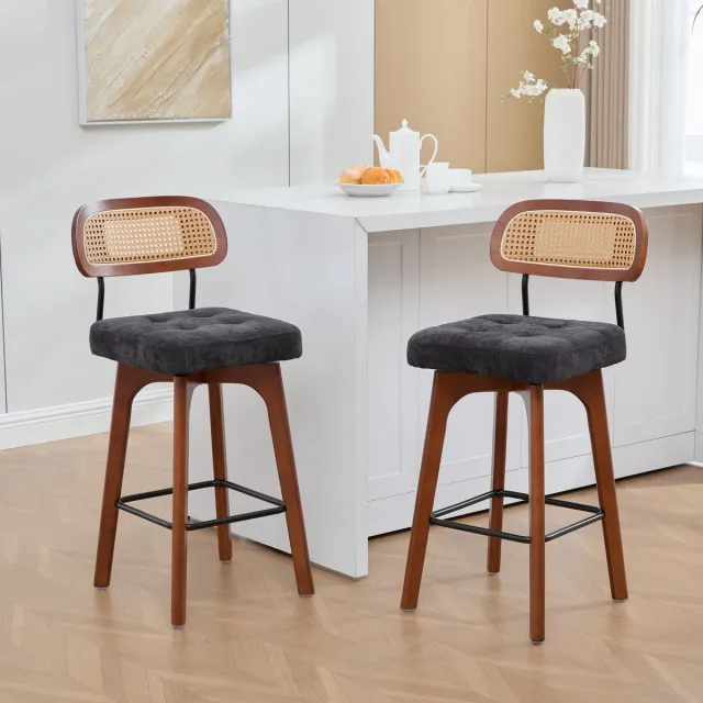 STILVORA Barkruk 67,5 Cm - Set Van 2 360 Graden Draaibaar Met Rugleuning - Voor Keuken En Ontbijtbar - Rotan Chenille Zwart