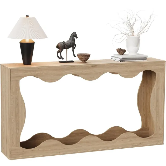 Danky Lange Sidetable 160 cm - Smalle Consoletafel met Golfdesign - Landelijke Wandtafel met 2 Niveaus - Voor Gang, Hal & Achter de Bank - Naturel Eiken
