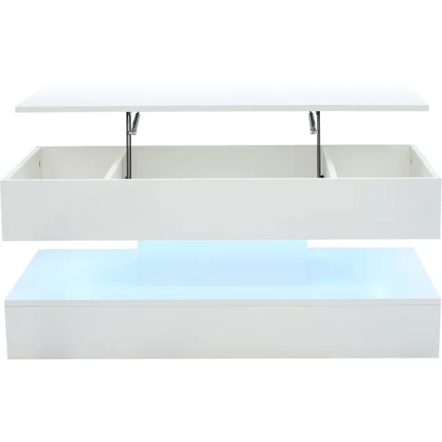 MODFU Salontafel 100x50x42 cm van spaanplaat, wit, met lift, LED-verlichting en verborgen opbergruimte