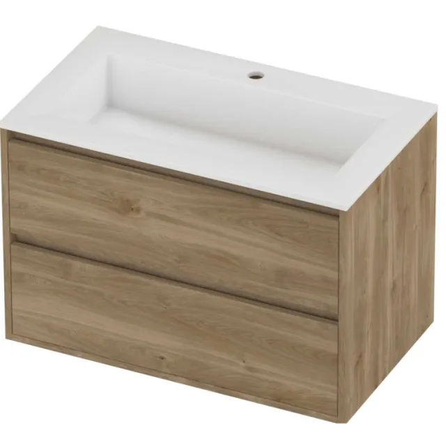 Proline Aristo Badmeubelset Polystone Elegant 1 Kraangat Greeploos 80x46x54 cm Glans Wit Cider Oak Eiken