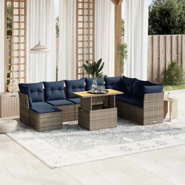 vidaXL 9-delige Loungeset met kussens poly rattan grijs, foto 2