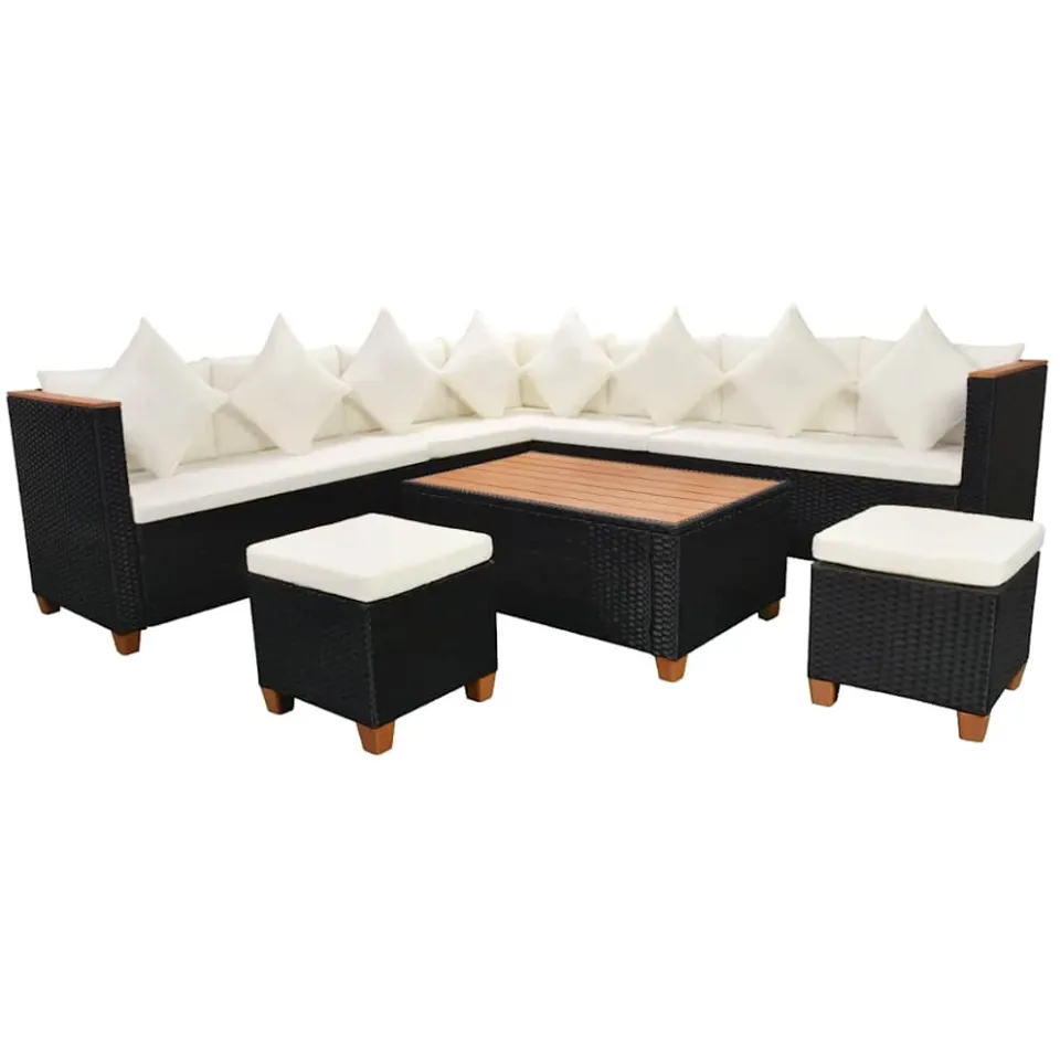 vidaXL 7-delige Loungeset met kussens poly rattan zwart