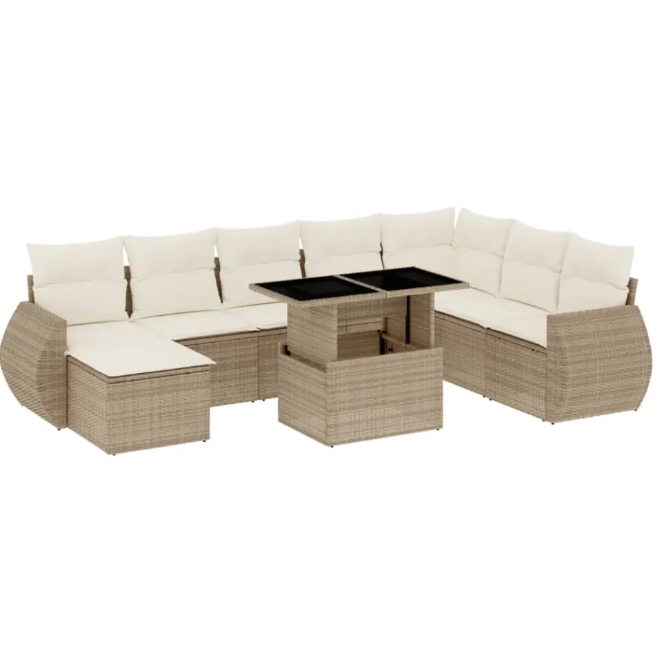 vidaXL 9-delige Loungeset met kussens poly rattan beige, foto 3
