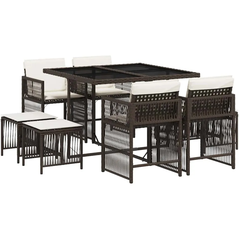 vidaXL 9-delige Tuinset met kussens poly rattan bruin