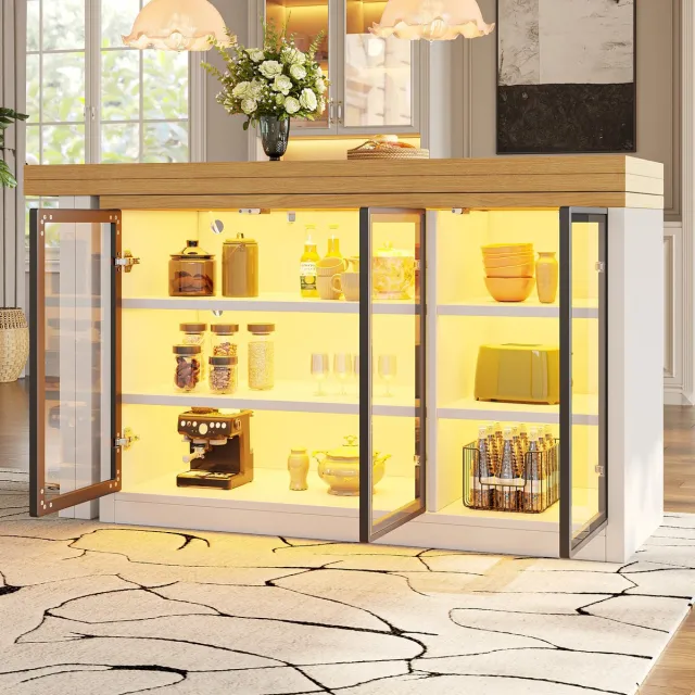 MIVRAY Eettafel - Uitschuifbaar En 360 Graden Draaibaar Met Slim Kleurlicht En Opbergkast - Modern Voor Keuken En Woonkamer - Wit - MDF En Glas