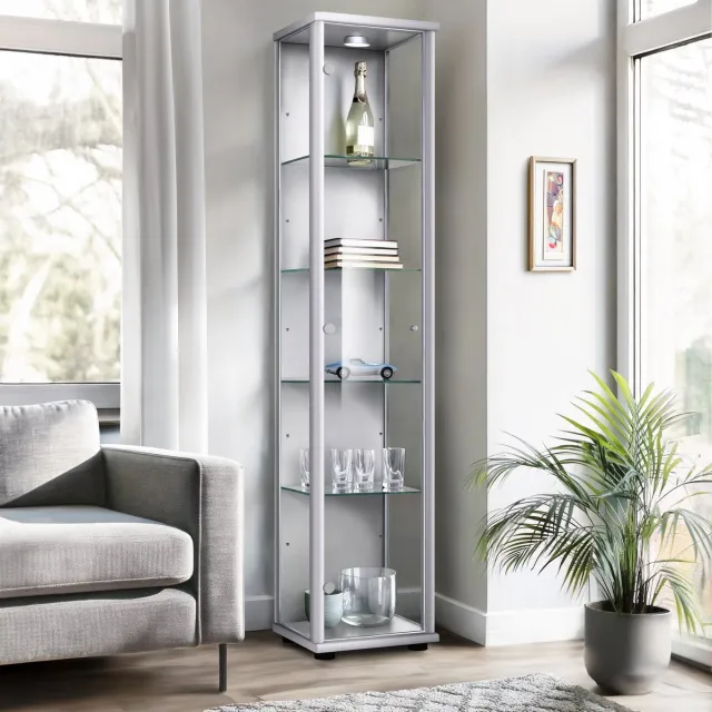 K-Möbel Vitrinekast met glas staand met 1 deur, 4 in hoogte verstelbare glasplanken - Vitrinekast met led verlichting - 176x37x33 cm - Zilverkleurig