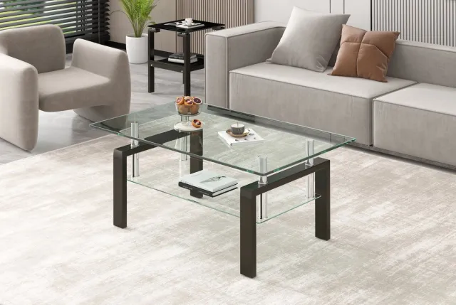 MIVRAY Salontafel Met Dubbele Laag Gehard Glas En Metalen Frame Voor Woonkamer Modern Rechthoekig 100x60x44 Cm Transparant Clear