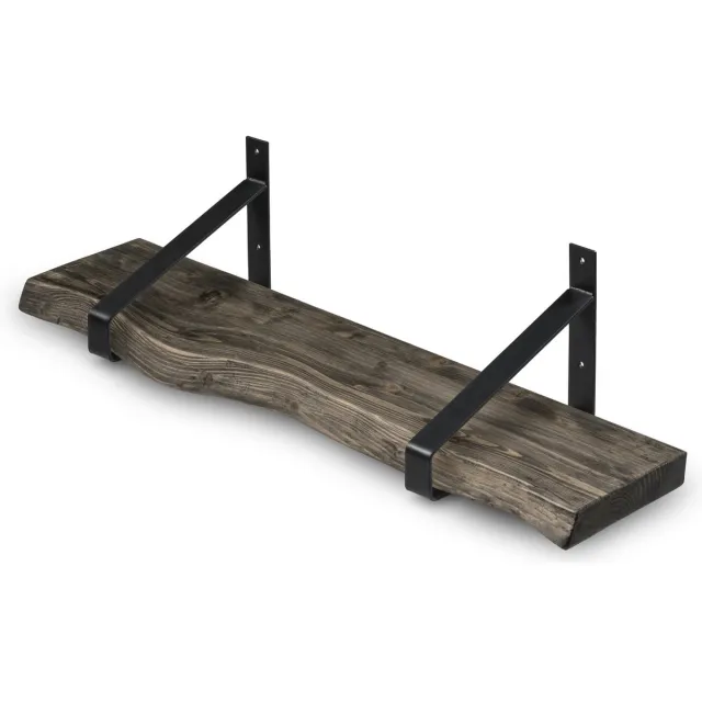 Robustiek Wonen Wandplank Hout 60x20 cm Smoke incl. Zwarte Stalen Plankdragers - Boomstam Plank – Boekenplank - Wandrek - Muurplank