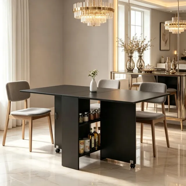 DESMIU Klaptafel - Uitschuifbare Eettafel Met Wielen En Opbergruimte - Voor Kleine Ruimtes - Spaanplaat - 140x75x74 Cm - Zwart