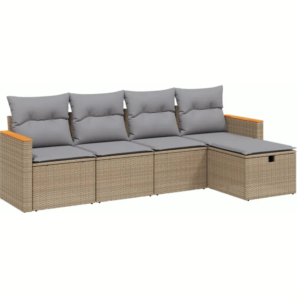 vidaXL 5-delige Loungeset met kussens poly rattan gemengd beige, foto 3