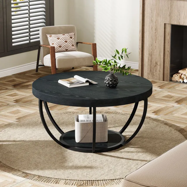 Little Trees LITTLE TREE Ronde Salontafel - 80 X 80 X45 cm - Moderne 2-Laags Zwarte Koffietafel met Plank - Accent Tafeltje - voor Woonkamer