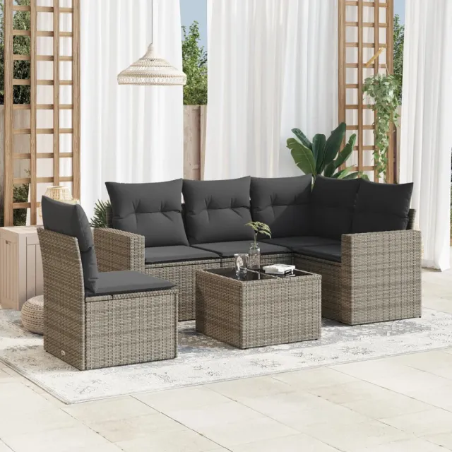 vidaXL 6-delige Loungeset met kussens poly rattan grijs, foto 2
