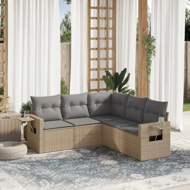 vidaXL 5-delige Loungeset met kussens poly rattan beige, foto 2