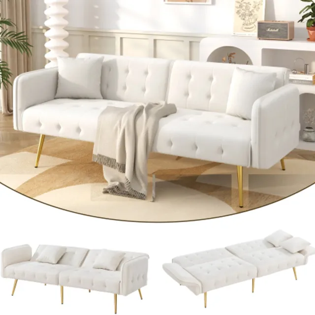 Rolipo 2-zits Slaapbank - Fluwelen Bedbank - Verstelbare Rugleuning en Armleuningen - Slaapoppervlak 215 x 81.5 cm - Voor Logeerkamer - Gebroken Wit