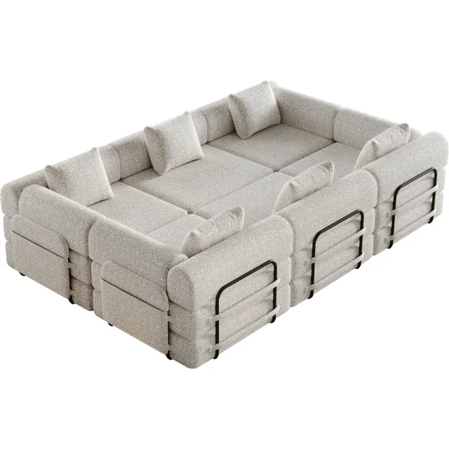 REDOM Slaapbank - 2-in-1 - modulair met stalen frame - opbergruimte in armleuning en antislip onderzijde - 6-zits - Chenille - Khaki - 274 x 183,8 x 69,8 cm