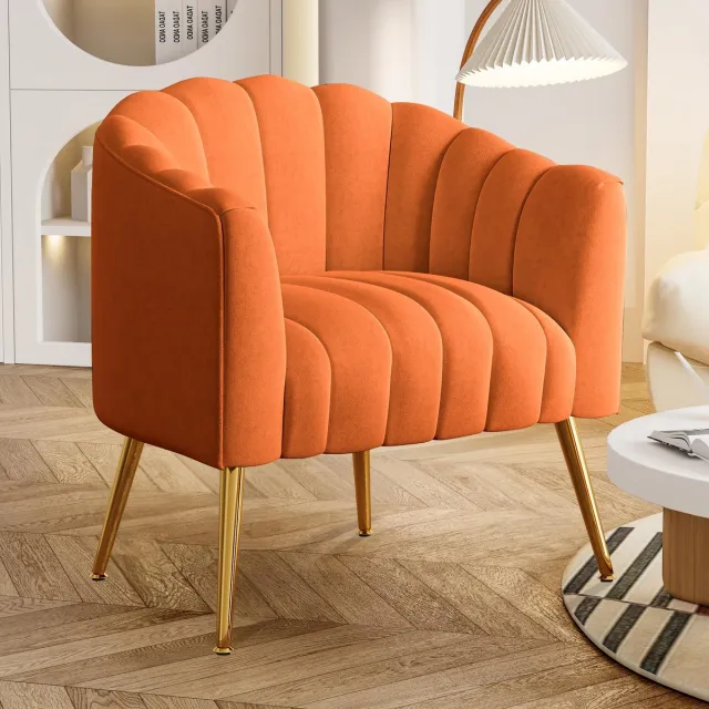 SEYNAR Luxe Pumpkin Fauteuil - 71x69x69 cm - Enkelstoel met Metalen Poten - Fluweel - Oranje