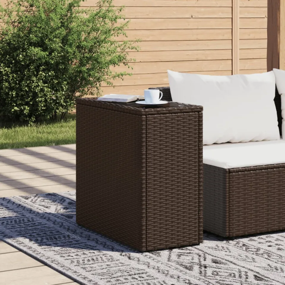 vidaXL Tuinbijzettafel met glazen blad 58x27,5x55 cm poly rattan bruin, foto 3