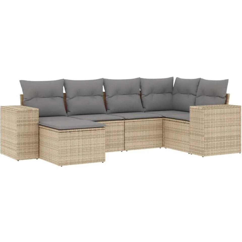 vidaXL 6-delige Loungeset met kussens poly rattan beige