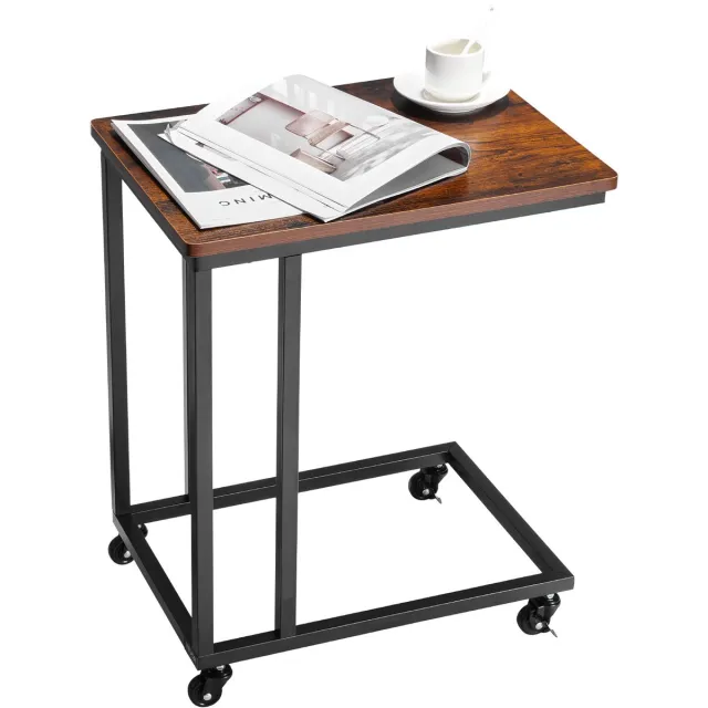 Vevor Bijzettafel Salontafel Met Metalen Frame Op Wielen, C-Vormige Salontafel voor Woonkamer Slaapkamer Kantoor 500 X 350 X 605 Mm Tv-Lade, Woonkamertafel Banktafel Bruin en Zwart