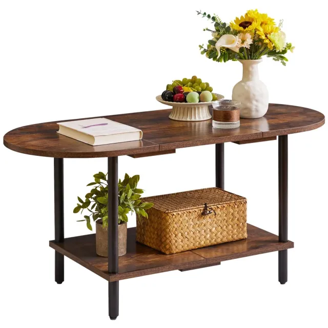 Famanu Kleine salontafel met 2 niveaus opbergplanken, houten woonkamertafel, rustiek bruin met zwarte poten, 89 x 40 x 43 cm, voor woonkamer en kantoor