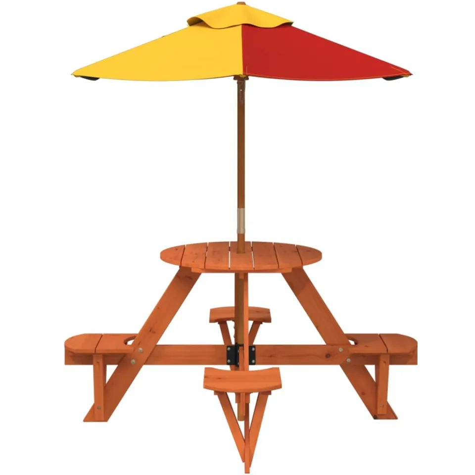 vidaXL Picknicktafel voor 4 kinderen met parasol rond vurenhout Bruin