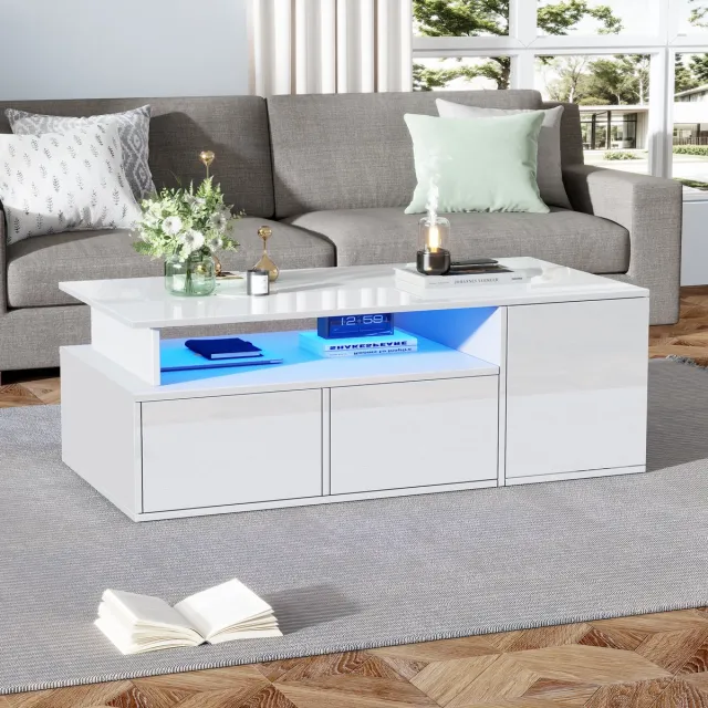 DESMIU Salontafel - Hoogglans Met LED En Twee Laden - Voor Woonkamer En Ontspanning - Spaanplaat - Wit - 100x50x35 Cm