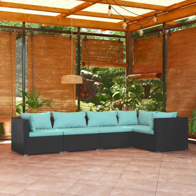 vidaXL 5-delige Loungeset met kussens poly rattan zwart, foto 2