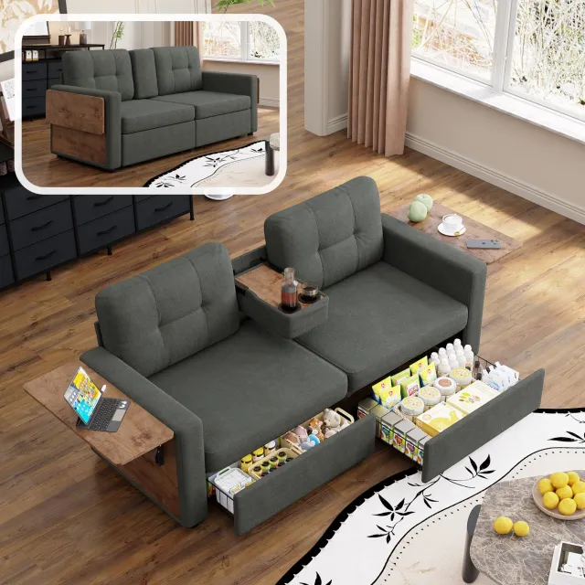 DESMIU Slaapbank 178 x 71 x 57,5 cm - 2-Zits Met Opberglades, Uitklapbare Tafels En Bekerhouders - Voor Woonkamer - Chenille Donkergrijs