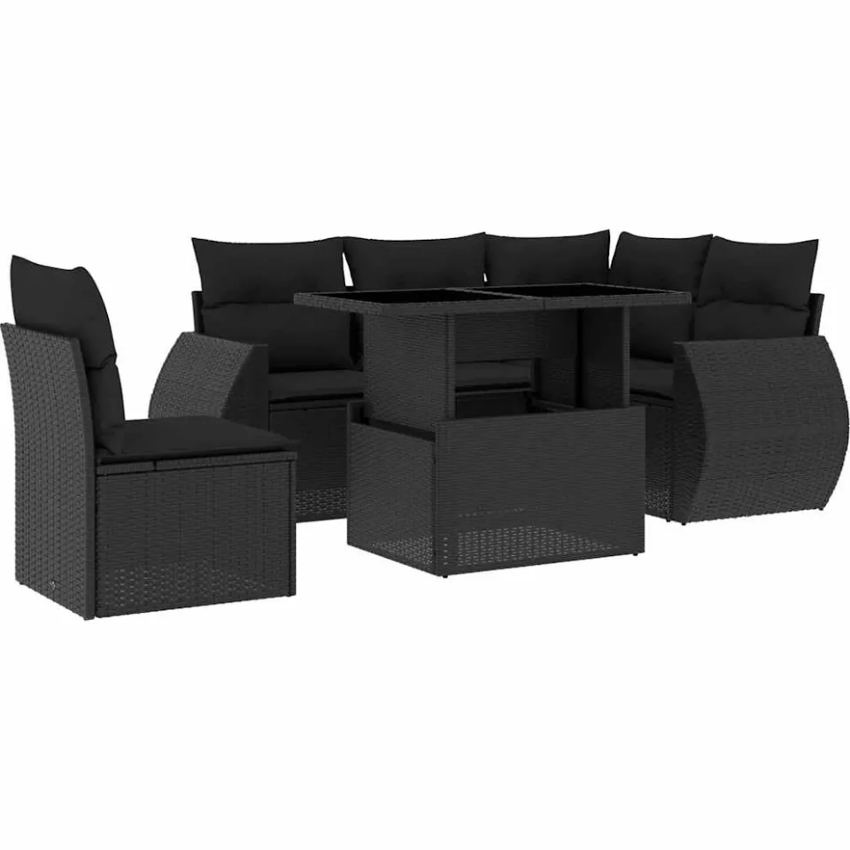 vidaXL 6-delige Loungeset met kussens poly rattan zwart, foto 3