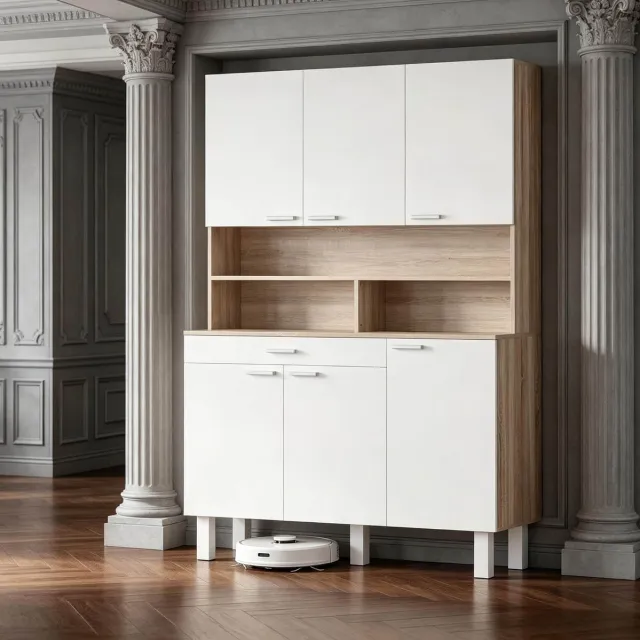 MODFU Keukenkast - 6 Deuren - Lade En Open Vakken - Wit - 120 X 40 X 175 Cm