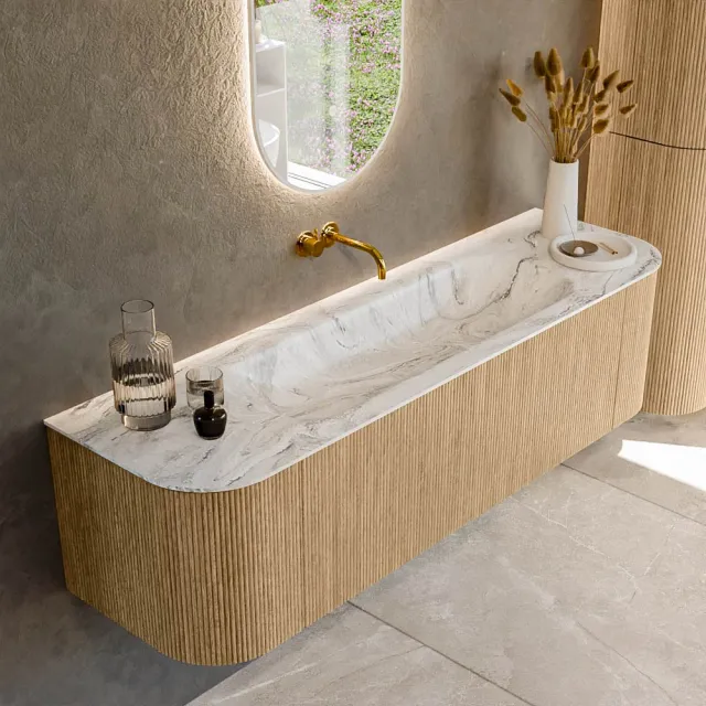Mondiaz KURVE-DLUX 160 cm Onderkast Greeploos 1 Lade Met Deuren Oak, Wastafel Solid Surface Midden Glace 0 Kraangaten Zonder Spiegel (KRVBGM160L+R1L2D0KM-Oak/Gla)