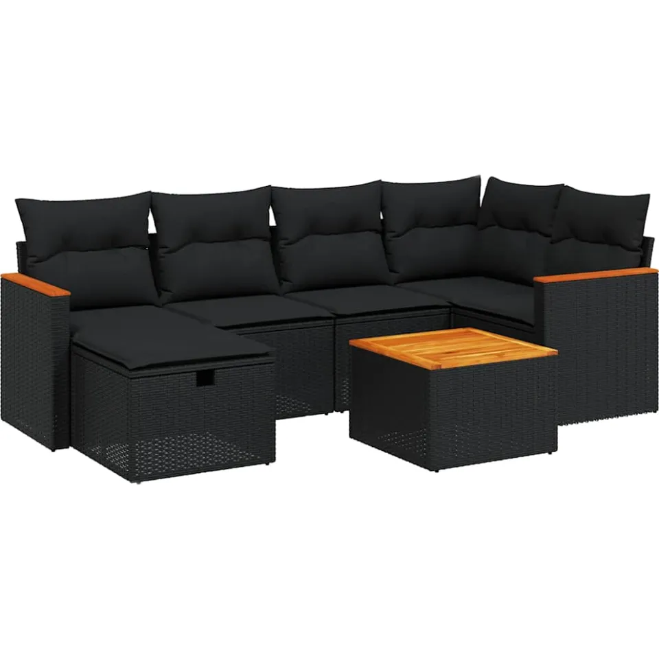vidaXL 7-delige Loungeset met kussens poly rattan zwart, foto 3