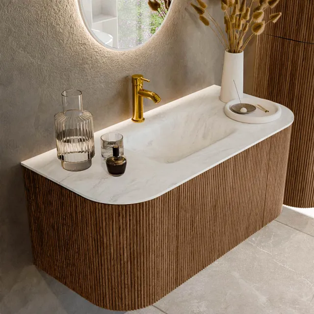 Mondiaz KURVE-DLUX 100 cm Onderkast Greeploos 1 Lade Met Deuren Walnut, Wastafel Solid Surface MIdden Opalo 1 Kraangat Zonder Spiegel (KRVGRU100L+R1L2D1KM-Wal/Opa)