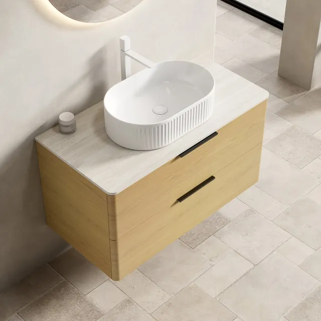 FloraGrace Badkamermeubel - Zwevend Ontwerp Met 2 Lades En Ovale Wastafel - Voor Moderne Badkamer - Hout En Keramiek - Beige Wit - 90 Cm