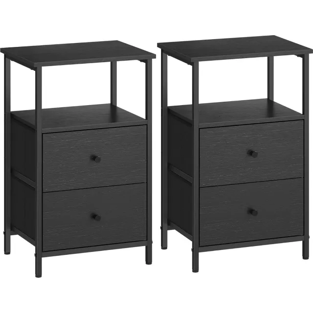 FurnStar Nachtkastje - Set van 2 - Bijzettafel met 2 stoffen laden - Salontafel met planken - 61 cm hoog - Voor woonkamer - Slaapkamer - Zwart Zwart Double