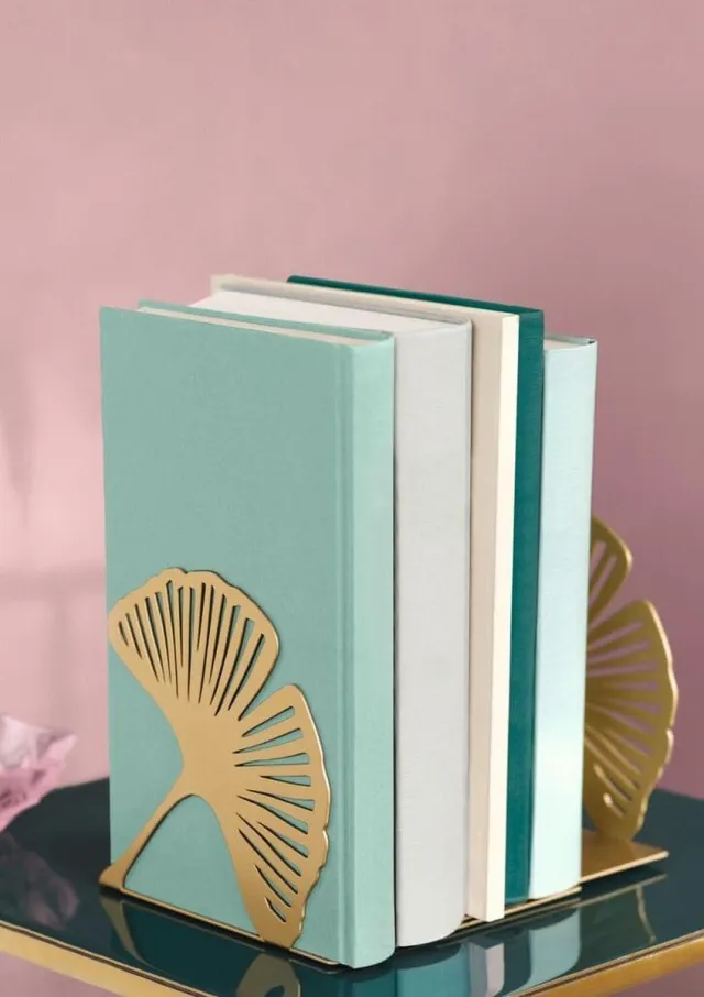 Libri_x Gingko Bookend Set of 2, Decorative Metal Book Stand Set in Gold, Golden Bookends with Cut-Out Look Goud