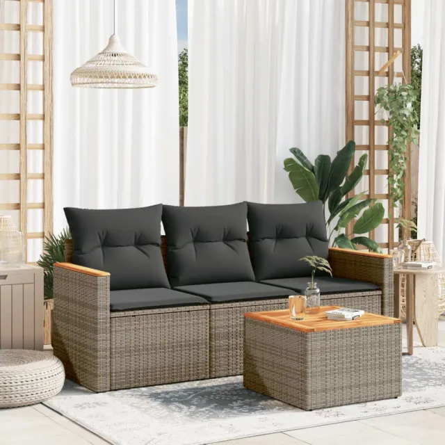 vidaXL 4-delige Loungeset met kussens poly rattan grijs, foto 2