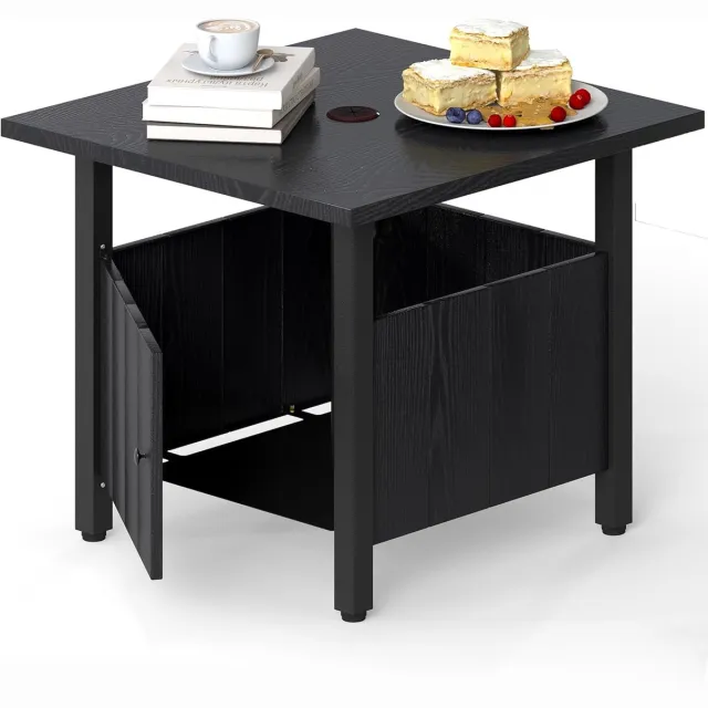 KOMFOTTEU Tuintafel met gat voor parasol, diameter 48 mm, rechthoekige salontafel met 2 zandzakken, verstelbare poten en opbergvak, lage tafel voor balkon, binnenplaats, zwart