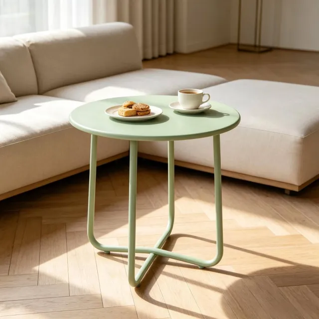MODFU Tuintafel - Verstelbare Voetjes - Minimalistisch - Buiten - Metaal - Groen - Ø48 X 51 Cm