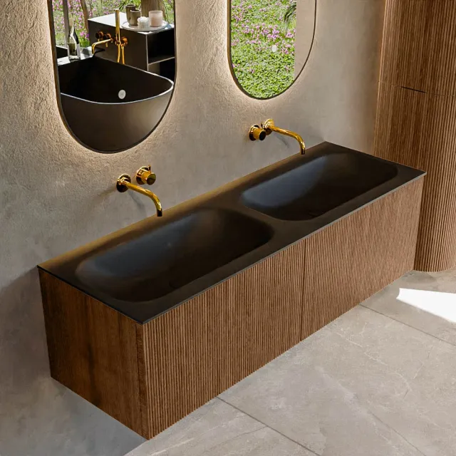 Mondiaz KURVE 140 cm Onderkast Greeploos 2 Lades Zonder Deuren Walnut, Wastafel Solid Surface Dubbel Urban 0 Kraangaten Zonder Spiegel (KRVBGS1402L0D0KD-Wal/Urb)