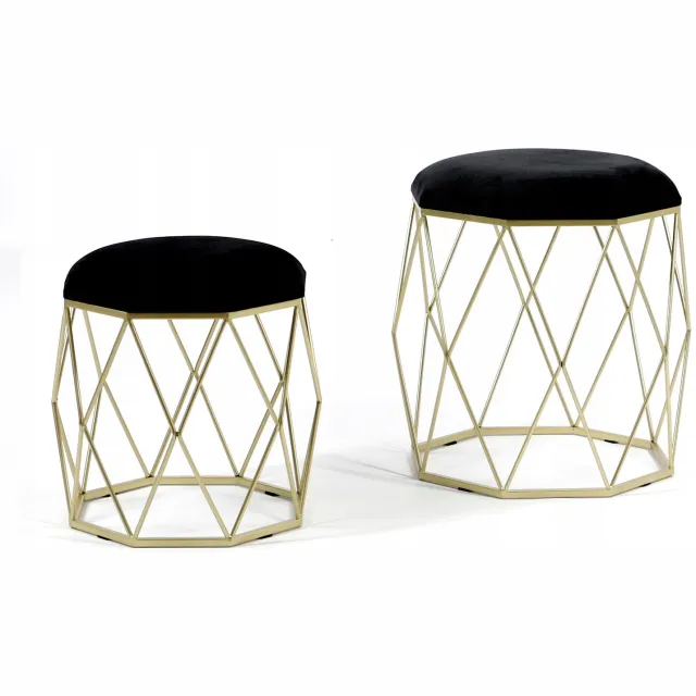 Messa Home Set van 2 zwarte fluwelen poefs Venus MSP26 met gouden metalen frame