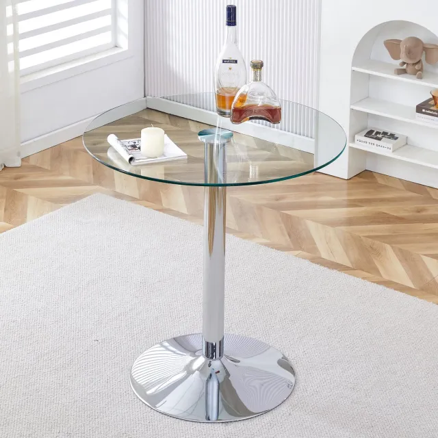 MEUNIQ ronde bartafel van glas en metaal, 89 cm diameter en 92 cm hoogte, modern minimalistisch design voor keuken, home bar of café, zilver en transparant Silver