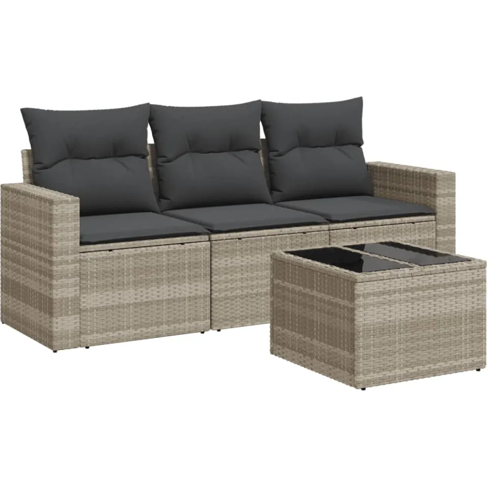 vidaXL 4-delige Loungeset met kussens poly rattan lichtgrijs