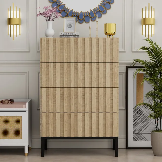 UEV ladekast, 60 x 34,5 x 92 cm, commode met 4 lades, kleine ladekast, opbergcommode, commode voor woonkamer, slaapkamer, hal (natuur) naturel