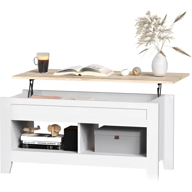 Lunpog Salontafel met verstelbaar blad - salontafel met planken en verborgen opbergvak - 105 x 50 x 49-62,5 cm - wit