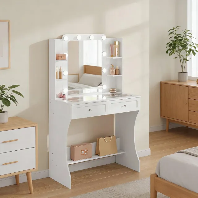STILVORA Kaptafel - Met Ledspiegel En Glazen Blad - Met 2 Laden En 4 Open Vakken - MDF - 80x40x135 cm - Wit Cremewit
