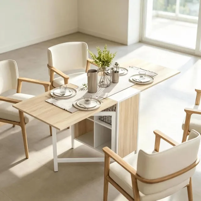 CHICFURN Eettafel - Opklapbaar - 4 opbergvakken - Wit en licht eiken